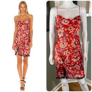 Cinq à Sept Avalyn Venetian Red Silk Floral Satin Mini Slip Dress Beaded Fringe